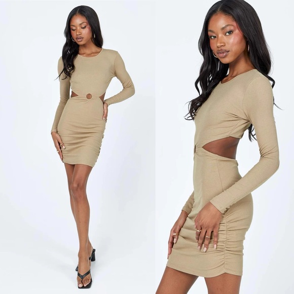 Princess Polly Orani Tan Long Sleeve Ribbed Cut Out Mini Dress - Picture 11 of 11